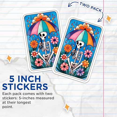 (2 Pack) Skeleton Under Umbrella Stickers - Colorful Flower Skeleton Art - Rainy Day Spring Decor - 5" On Longest Side - Sticks to Smooth Flat Surfaces - Made in USA - BMCS9403