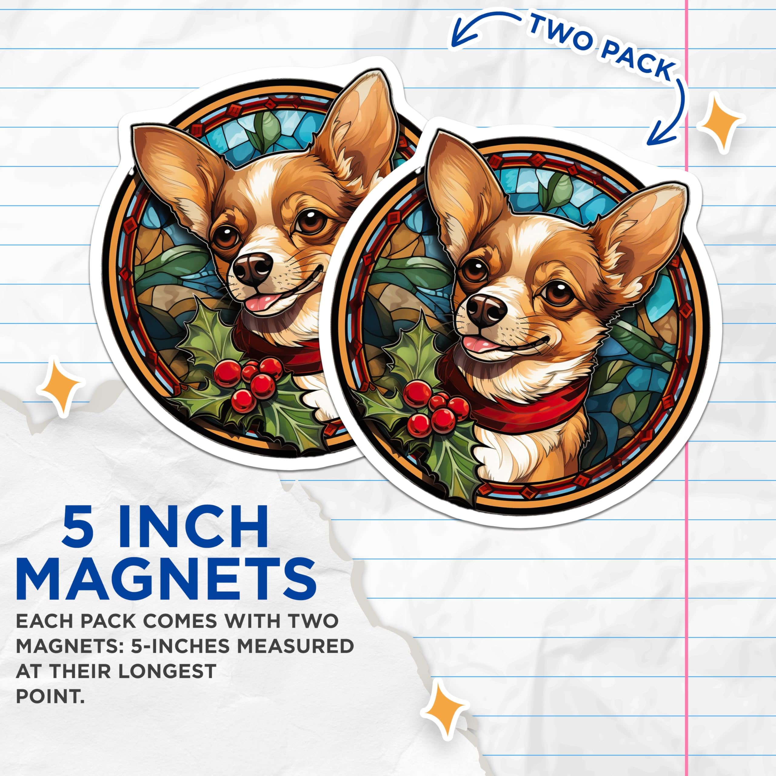 (2 Pack) Chihuahua Magnets - Stained Glass Christmas Dog Art - Festive Winter Holiday Pet Decor for Home - 5 Inches On Longest Side - Thick Durable Magnet - Made in USA - MAG24878