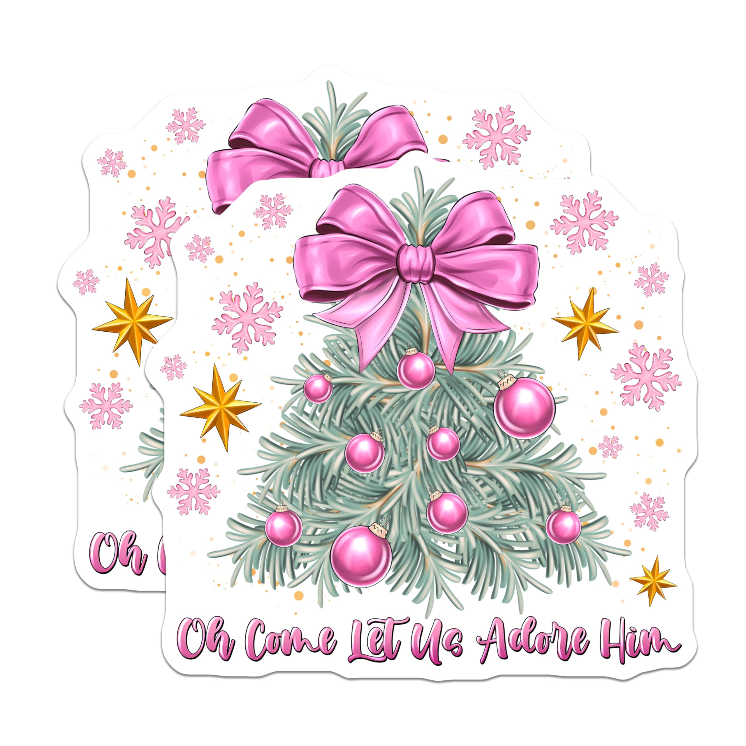 (2 Pack) Christian Christmas Magnets - Oh Come Let Us Adore Him - Pink Tree Holiday Decor - 5 Inches On Longest Side - Thick Durable Magnet - Made in USA - MAG29369