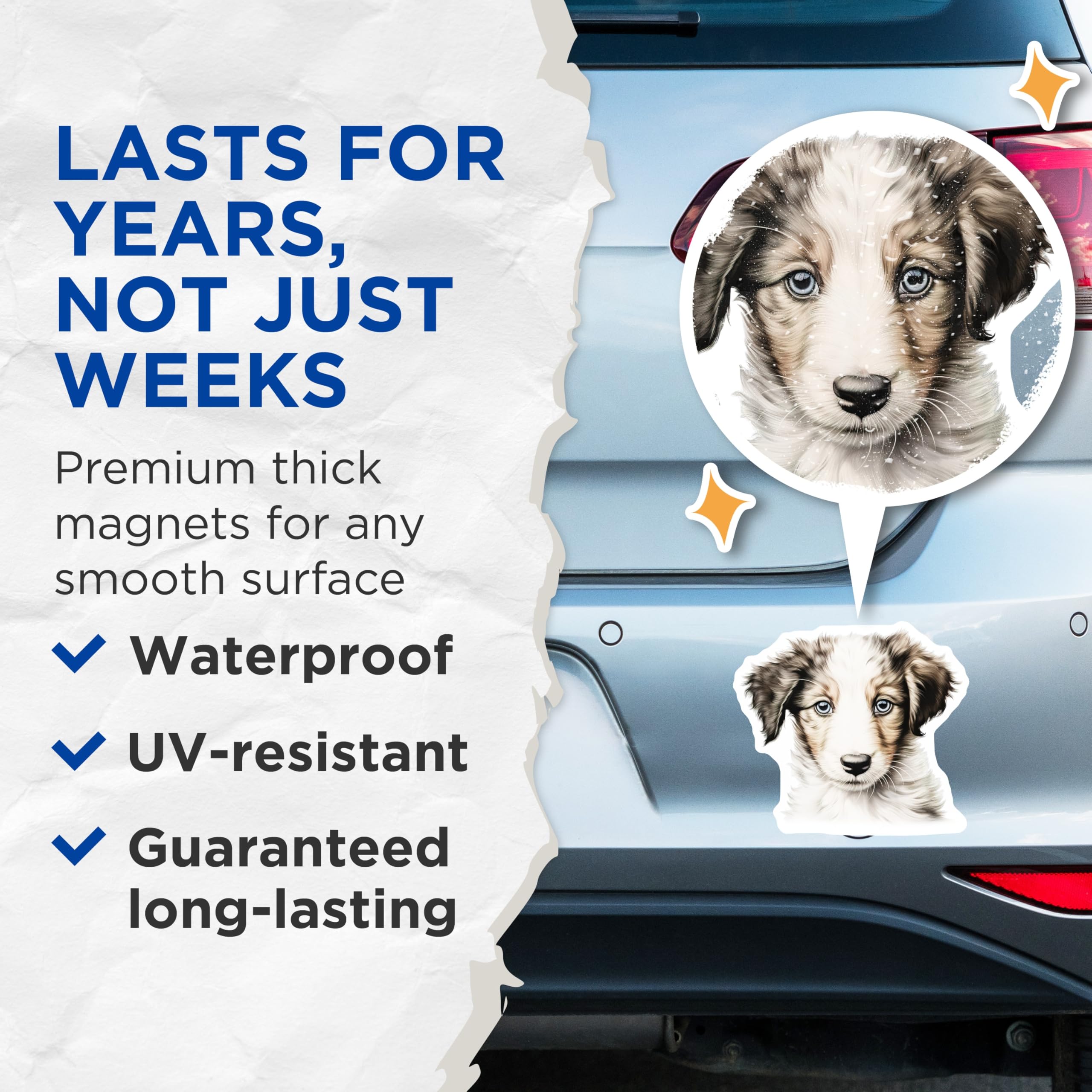(2 Pack) Realistic Puppy Magnets - Blue Eyed Dog Art - Dog Mom Fridge Decor - 5 Inches On Longest Side - Thick Durable Magnet - Made in USA - MAG28941