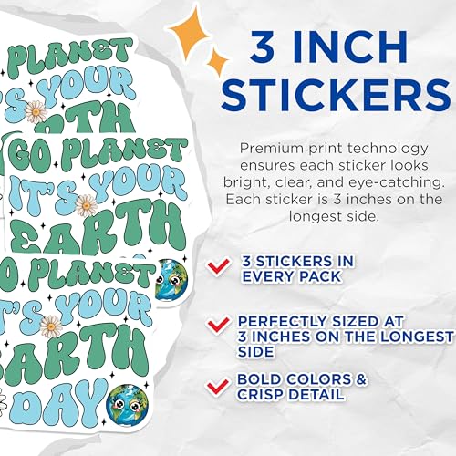 (3 Pack) Earth Day Decals - Go Planet Earth - Save The Planet Decals - 3 Inches On Longest Side - Easy Peel & Apply - Made in USA - 3MCS7214