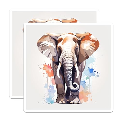 (2 Pack) Elephant Art Stickers - Animal Illustration - Colorful Elephant Decals - 5" On Longest Side - Sticks to Smooth Flat Surfaces - Made in USA - BMCS8685