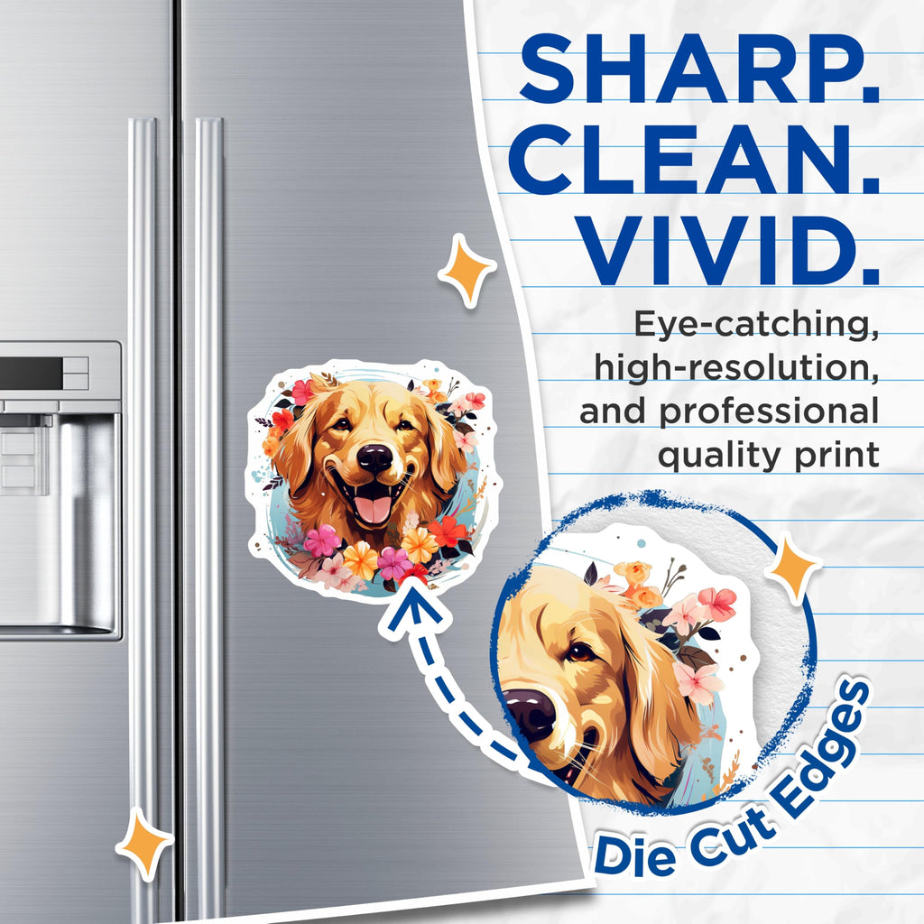 (2 Pack) Golden Retriever Magnets - Happy Dog Floral Design - Pet Lover Fridge Decor - 5 Inches On Longest Side - Thick Durable Magnet - Made in USA - MAG25792