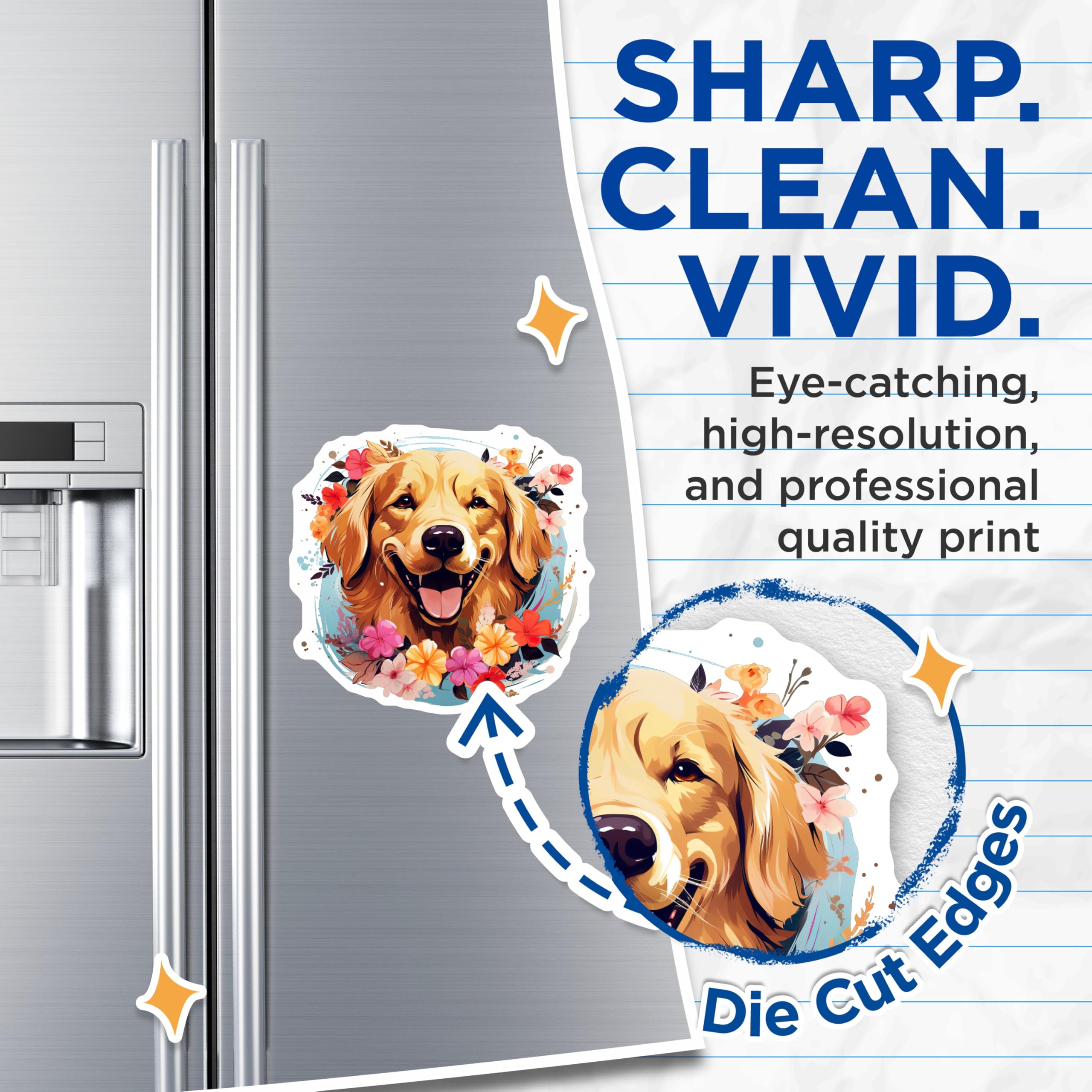 (2 Pack) Golden Retriever Magnets - Happy Dog Floral Design - Pet Lover Fridge Decor - 5 Inches On Longest Side - Thick Durable Magnet - Made in USA - MAG25792