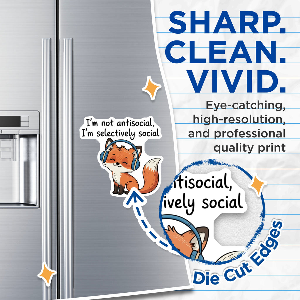 (2 Pack) Selectively Social Introvert Fox Magnets - Headphones Fox Decor - Funny Animal Refrigerator Accessory - 5 Inches On Longest Side - Thick Durable Magnet - Made in USA - MAG36959