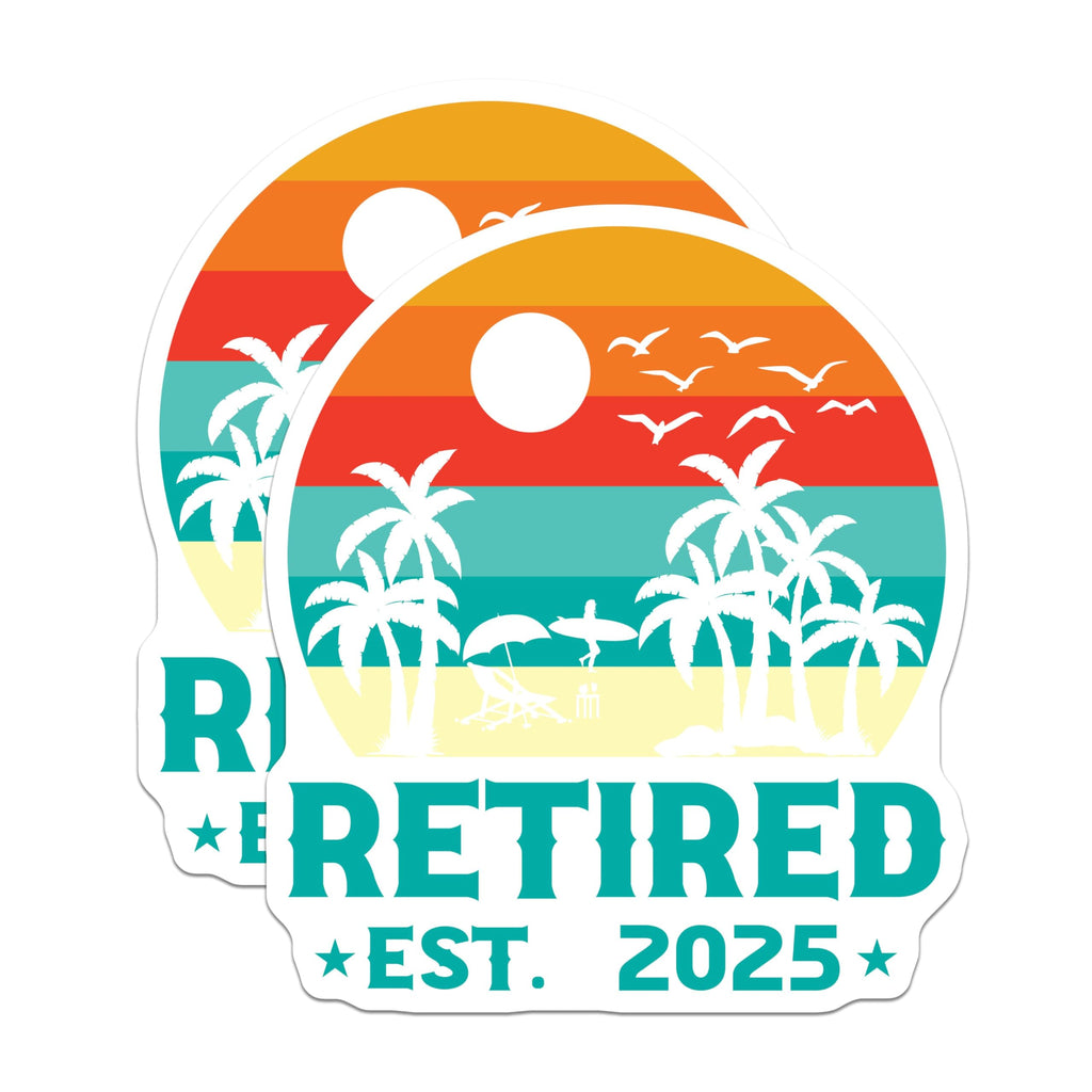 (2 Pack) Retired Est 2025 Stickers - Tropical Beach - Retirement Party Decorations - 5" On Longest Side - Sticks to Smooth Flat Surfaces - Made in USA - BMCS5740