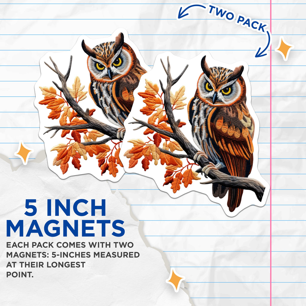 (2 Pack) Faux Embroidered Owl Magnets - Autumn Forest Branch Decor - Nature Inspired Home Accent - 5 Inches On Longest Side - Thick Durable Magnet - Made in USA - MAG36508