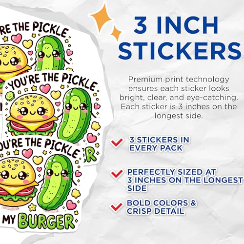 (3 Pack) Pickle to My Burger Decals - Kawaii Food Stickers - Funny Laptop Decal - 3 Inches On Longest Side - Easy Peel & Apply - Made in USA - 3MCS4465