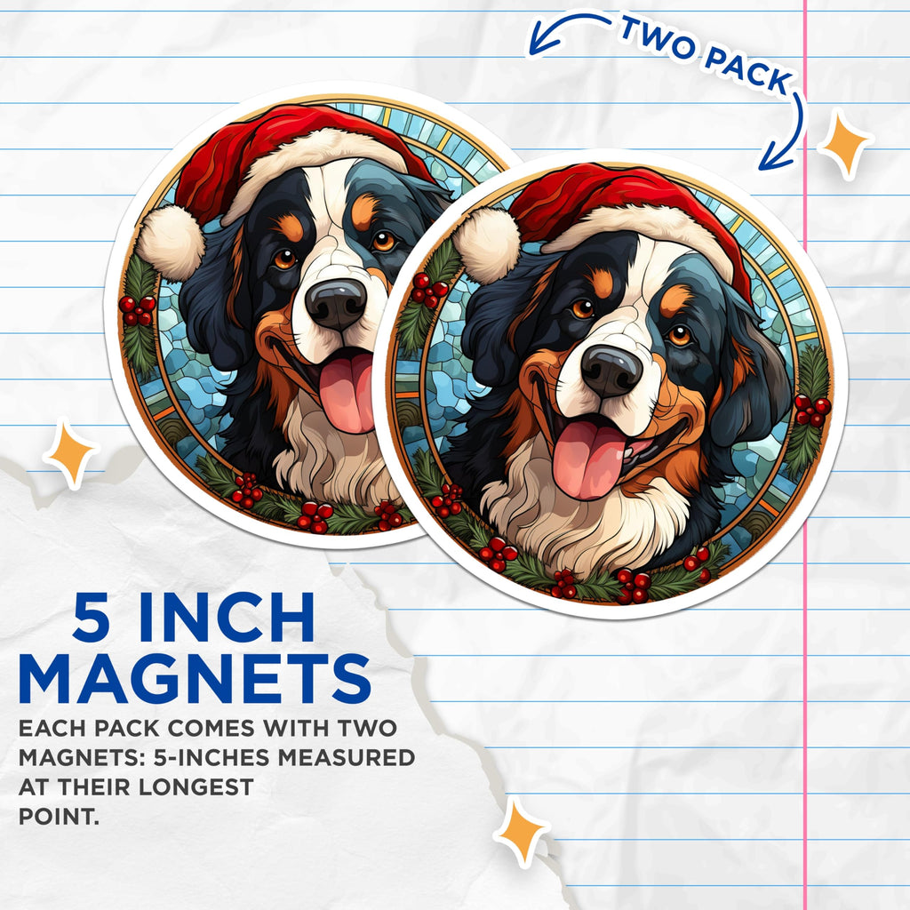 (2 Pack) Bernese Mountain Dog Christmas Magnets - Santa Dog Stained Glass Fridge Decor - Happy Winter Pet Lover - 5 Inches On Longest Side - Thick Durable Magnet - Made in USA - MAG28518