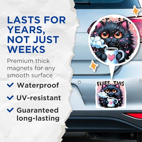 (2 Pack) Fluff This Cat Magnets - Cute Cat Art - Funny Coffee Magnet - Whimsical Kitchen - 5" On Longest Side - for Cars, Fridges, Toolboxes - Made in USA - MAG4590