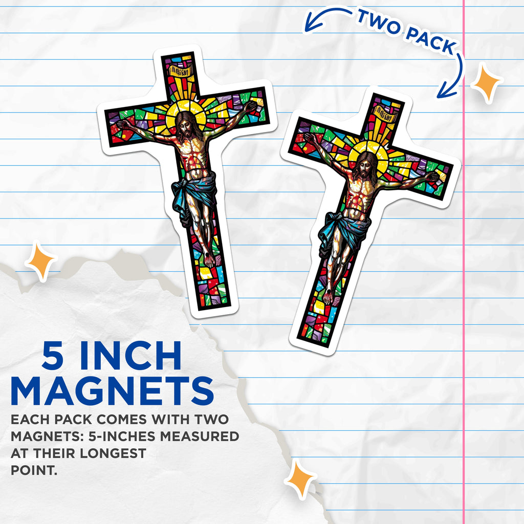 (2 Pack) Stained Glass Jesus Magnets - Christian Crucifixion Art - Catholic Faith Home Decor - Spiritual Refrigerator Magnet - 5 Inches On Longest Side - Thick Durable Magnet - Made in USA - MAG37281
