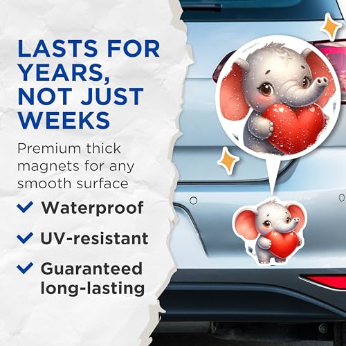 (2 Pack) Cute Elephant Holding Heart Magnets - Adorable Animal Magnets - Fridge ation - Kids Room - 5" On Longest Side - for Cars, Fridges, Toolboxes - Made in USA - MAG3696