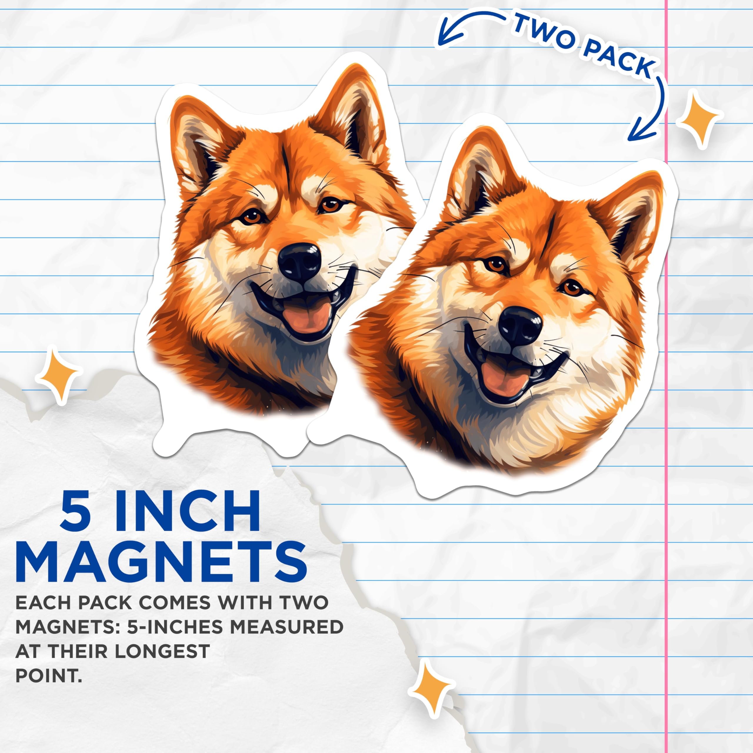 (2 Pack) Shiba Inu Magnets - Happy Dog Face Art - Cute Pet Refrigerator Decor - Canine Lover Locker Accessory - 5 Inches On Longest Side - Thick Durable Magnet - Made in USA - MAG23614