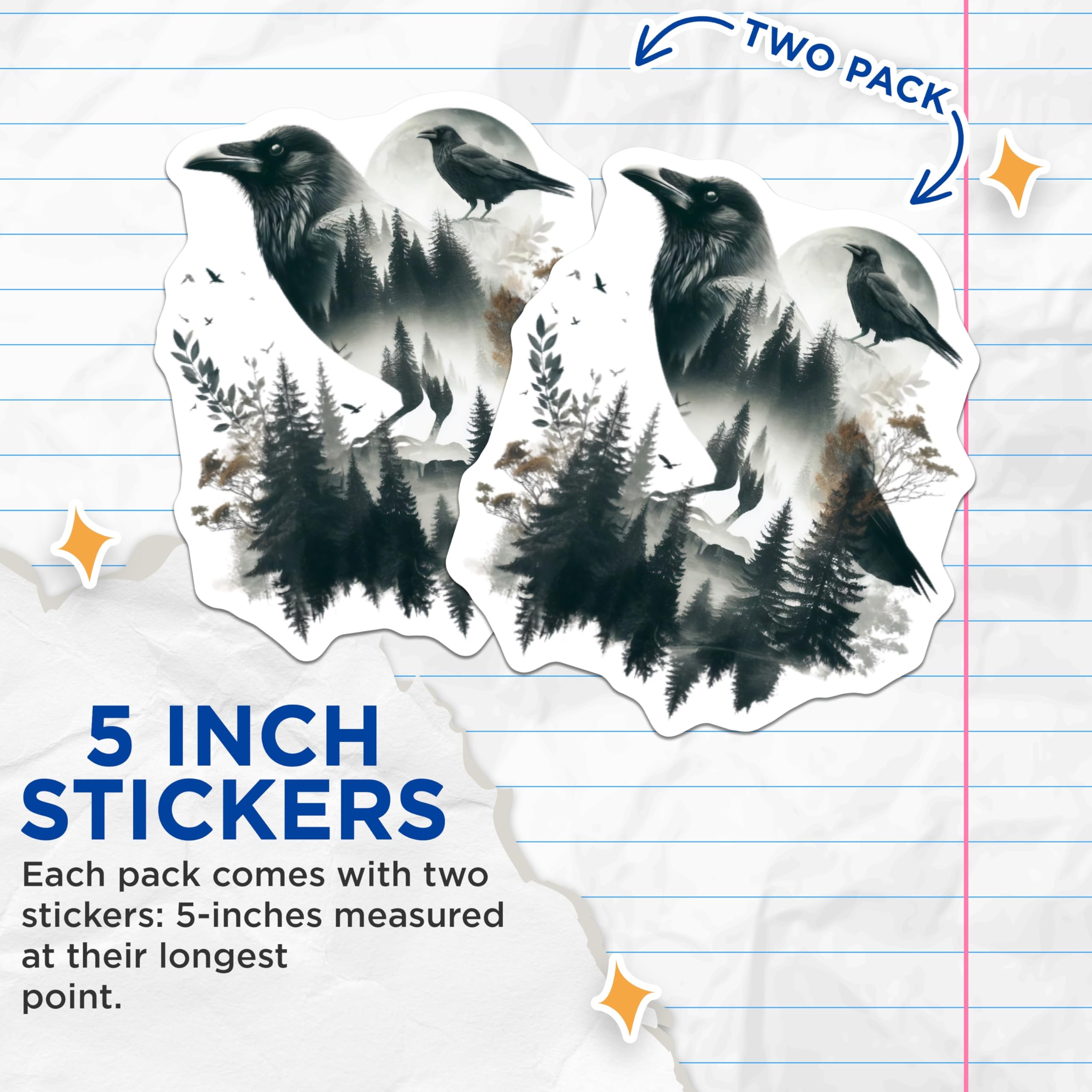 (2 Pack) Raven Stickers - Forest Bird - Nature Inspired Decals - 5" On Longest Side - Sticks to Smooth Flat Surfaces - Made in USA - BMCS14297