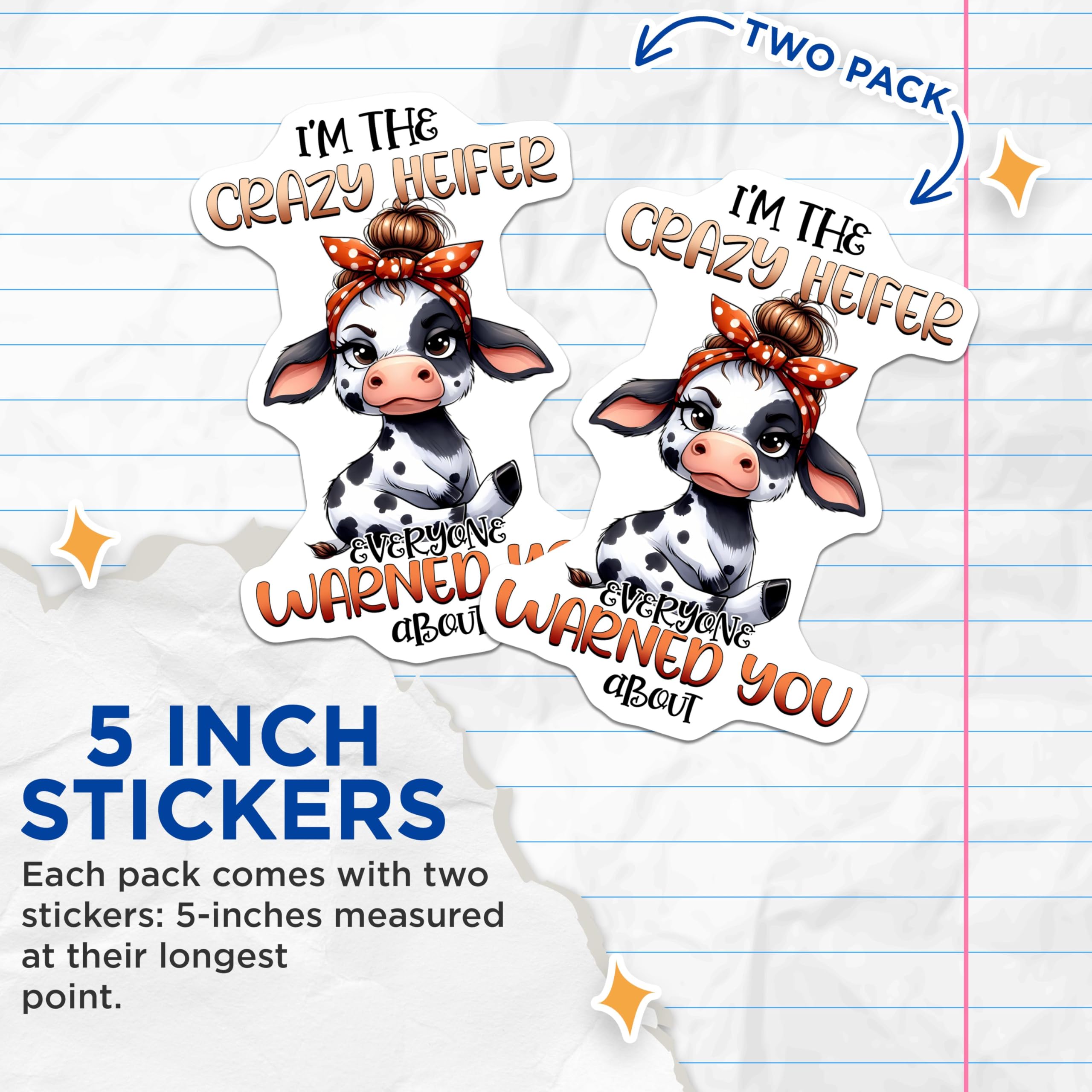 (2 Pack) Crazy Heifer Stickers - Funny Cow Decal - Farm Animal Sticker for Laptops and Water Bottles - 5" On Longest Side - Sticks to Smooth Flat Surfaces - Made in USA - BMCS3780