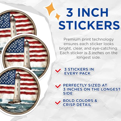(3 Pack) Lighthouse Decals - American Flag Art - Nautical Theme Sticker - 3 Inches On Longest Side - Easy Peel & Apply - Made in USA - 3MCS8214