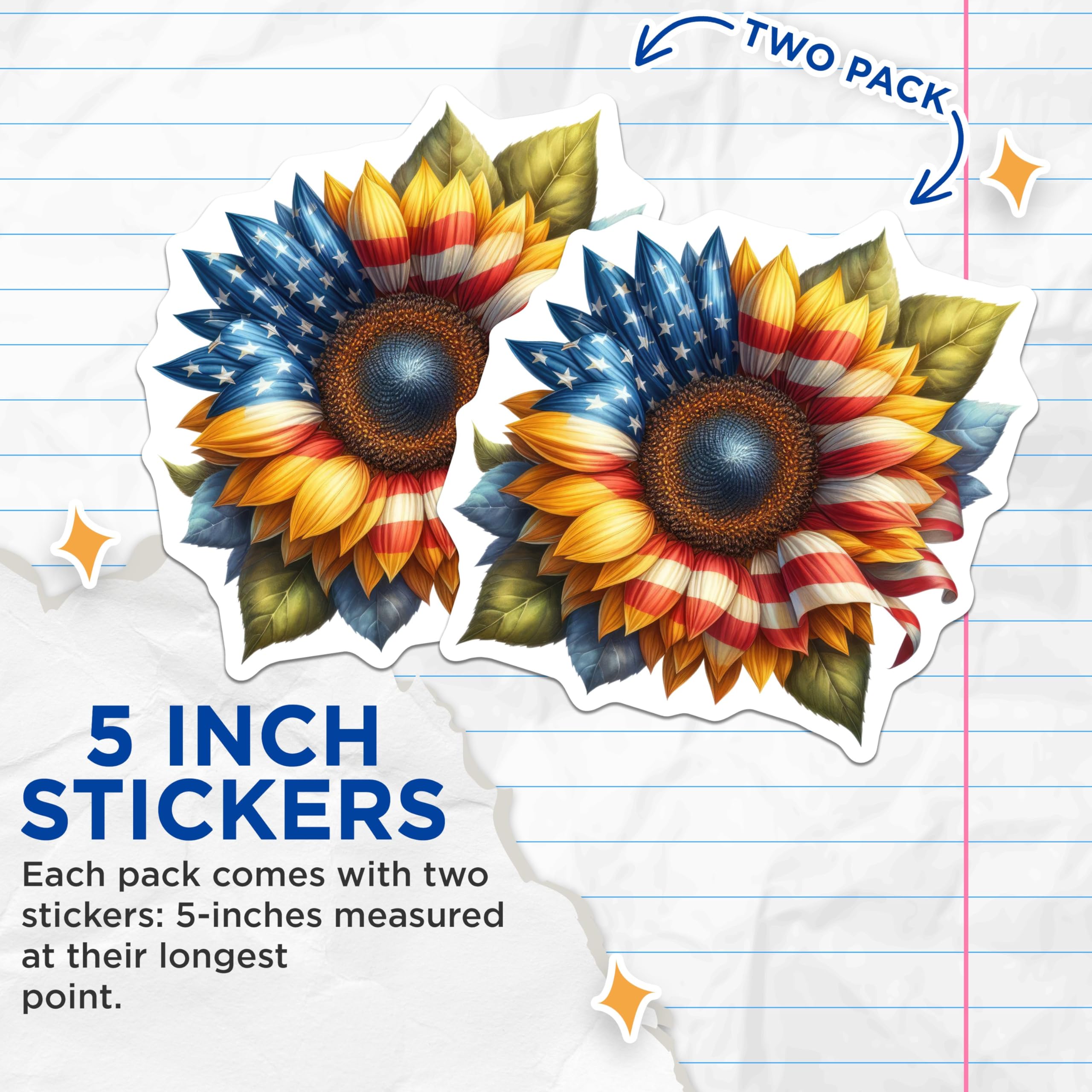 (2 Pack) American Flag Sunflower Stickers - Patriotic Flower Stickers - USA Themed Stickers - 5" On Longest Side - Sticks to Smooth Flat Surfaces - Made in USA - BMCS5334