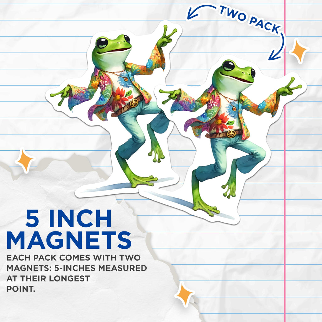 (2 Pack) Hippie Frog Magnets - Groovy Decor - Whimsical Fridge Magnets - 5" On Longest Side - Premium Magnet - for Cars, Refrigerators, Toolboxes, Lockers - Made in USA - MAG16771