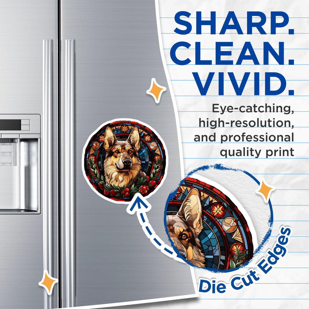 (2 Pack) German Shepherd Magnets - Stained Glass Dog Art - Holiday Pet Decor - 5 Inches On Longest Side - Thick Durable Magnet - Made in USA - MAG25375