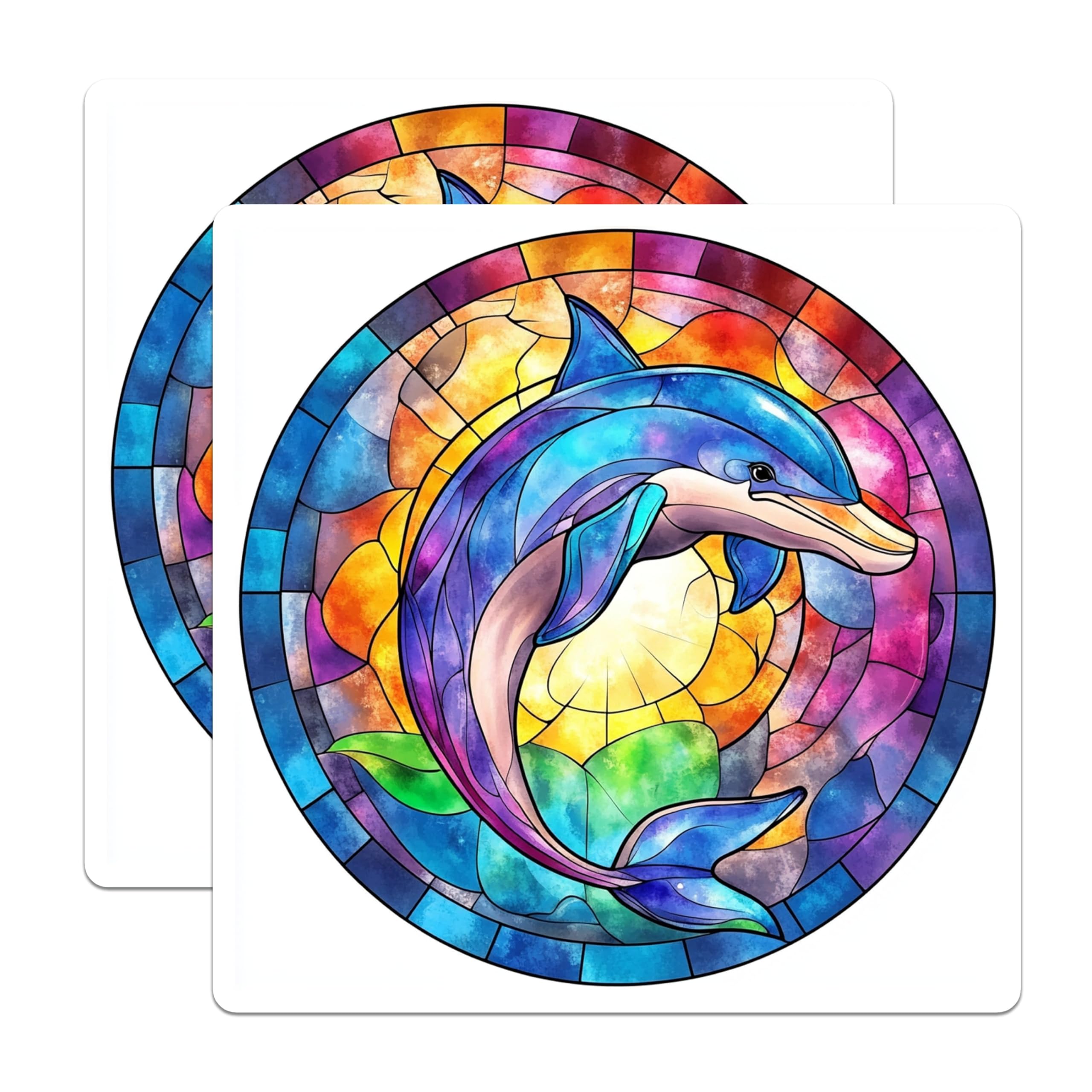 (2 Pack) Stained Glass Dolphin Magnets - Vibrant Ocean Animal Art - Marine Life Decor for Refrigerator - 5 Inches On Longest Side - Thick Durable Magnet - Made in USA - MAG28204