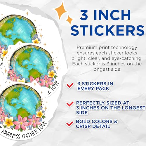 (3 Pack) Plant Kindness Earth Decals - Floral Globe Stickers - Laptop Water Bottle Decals - 3 Inches On Longest Side - Easy Peel & Apply - Made in USA - 3MCS2934