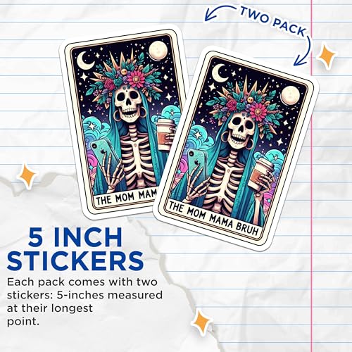 (2 Pack) Skeleton Mom Stickers - Funny Mom Meme Stickers with Phone and Coffee - Halloween Mom Stickers - 5" On Longest Side - Sticks to Smooth Flat Surfaces - Made in USA - BMCS5455