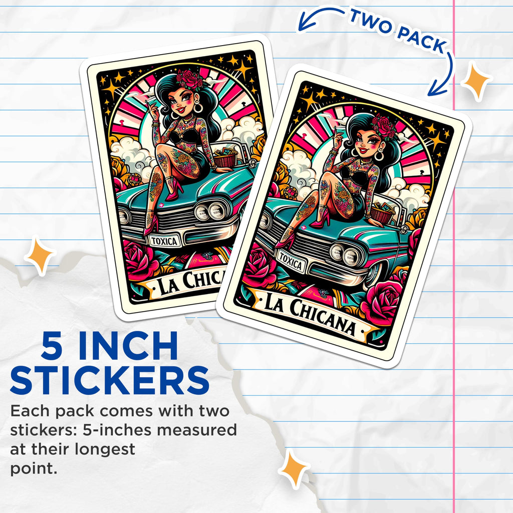 (2 Pack) La Chicana Stickers - Retro Tattoo Art Stickers - Vintage Car Art Stickers - Chicana Art Stickers - 5" On Longest Side - Sticks to Smooth Flat Surfaces - Made in USA - BMCS5131