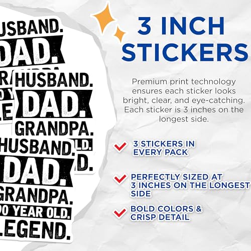 (3 Pack) Husband Dad Grandpa Decals - 90 Year Old Legend - Father Figure Decals - 3 Inches On Longest Side - Easy Peel & Apply - Made in USA - 3MCS4923