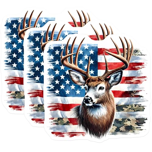 (3 Pack) American Deer Decals - USA Flag Decals - Laptop Decals - 3 Inches On Longest Side - Easy Peel & Apply - Made in USA - 3MCS8594