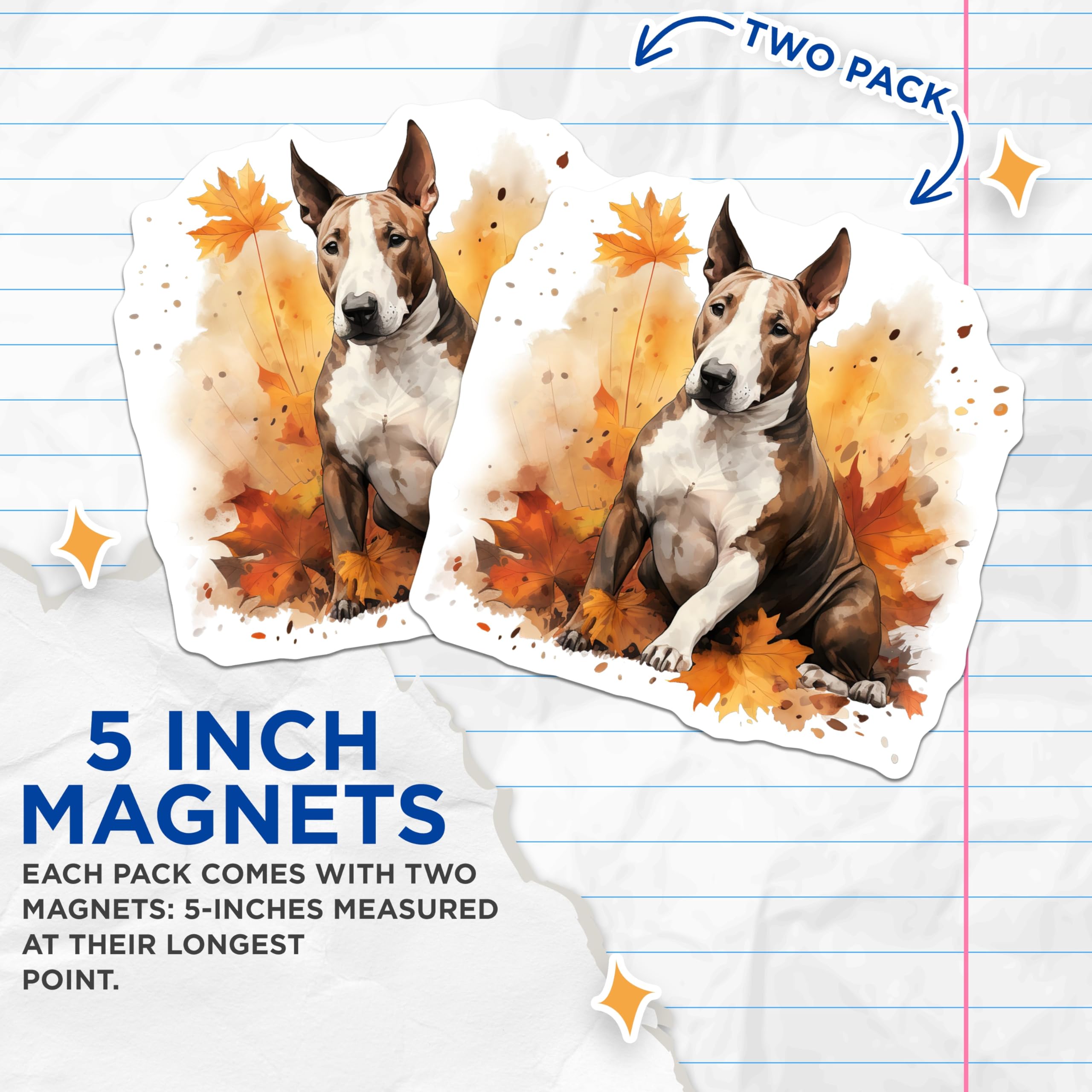 (2 Pack) Bull Terrier Magnets - Autumn Dog Decor - Fall Pet Lover Present - 5 Inches On Longest Side - Thick Durable Magnet - Made in USA - MAG25725