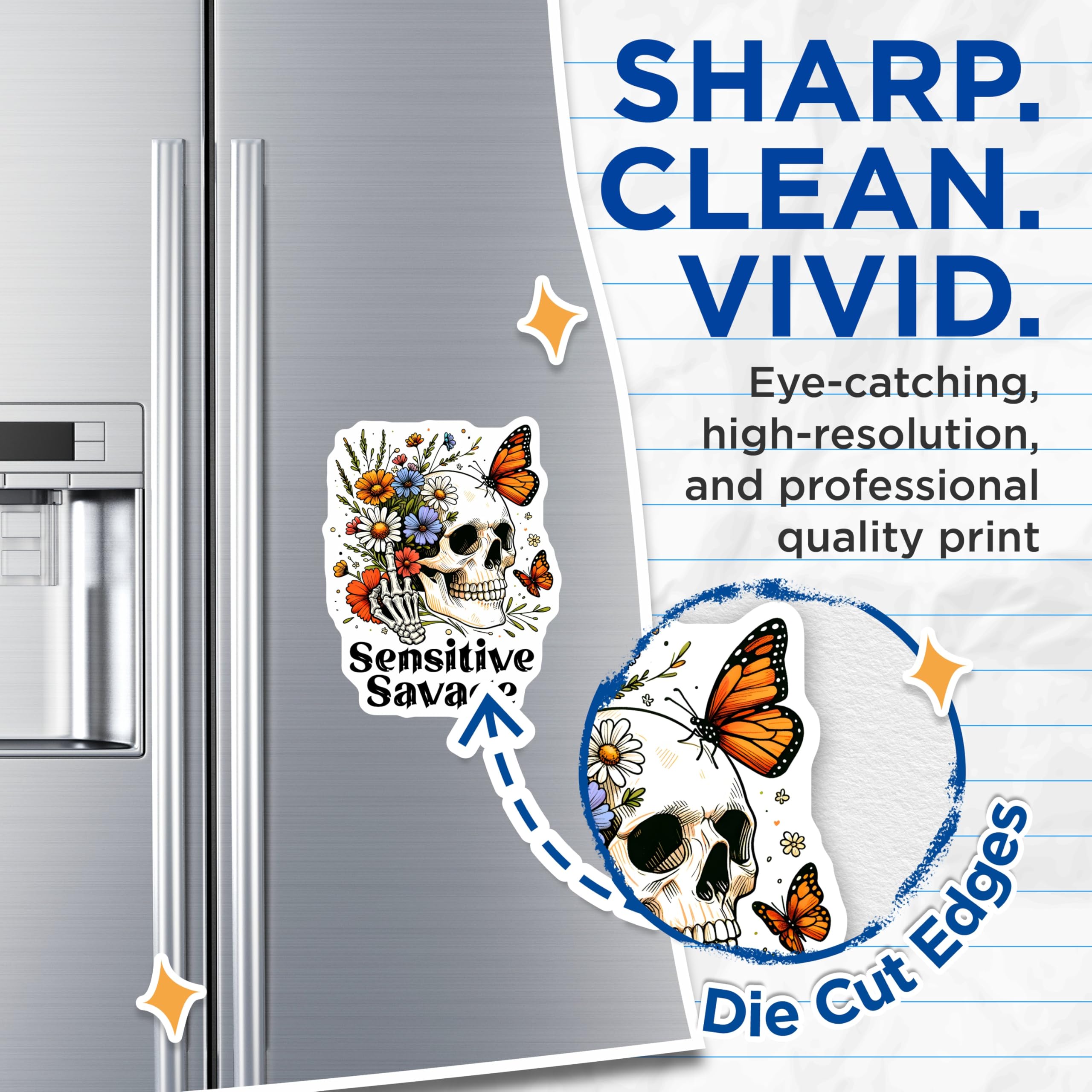 (2 Pack) Skull Floral Magnets - Butterfly Fridge Magnets - Sensitive Savage Decor - 5" On Longest Side - Premium Magnet - for Cars, Refrigerators, Toolboxes, Lockers - Made in USA - MAG16262