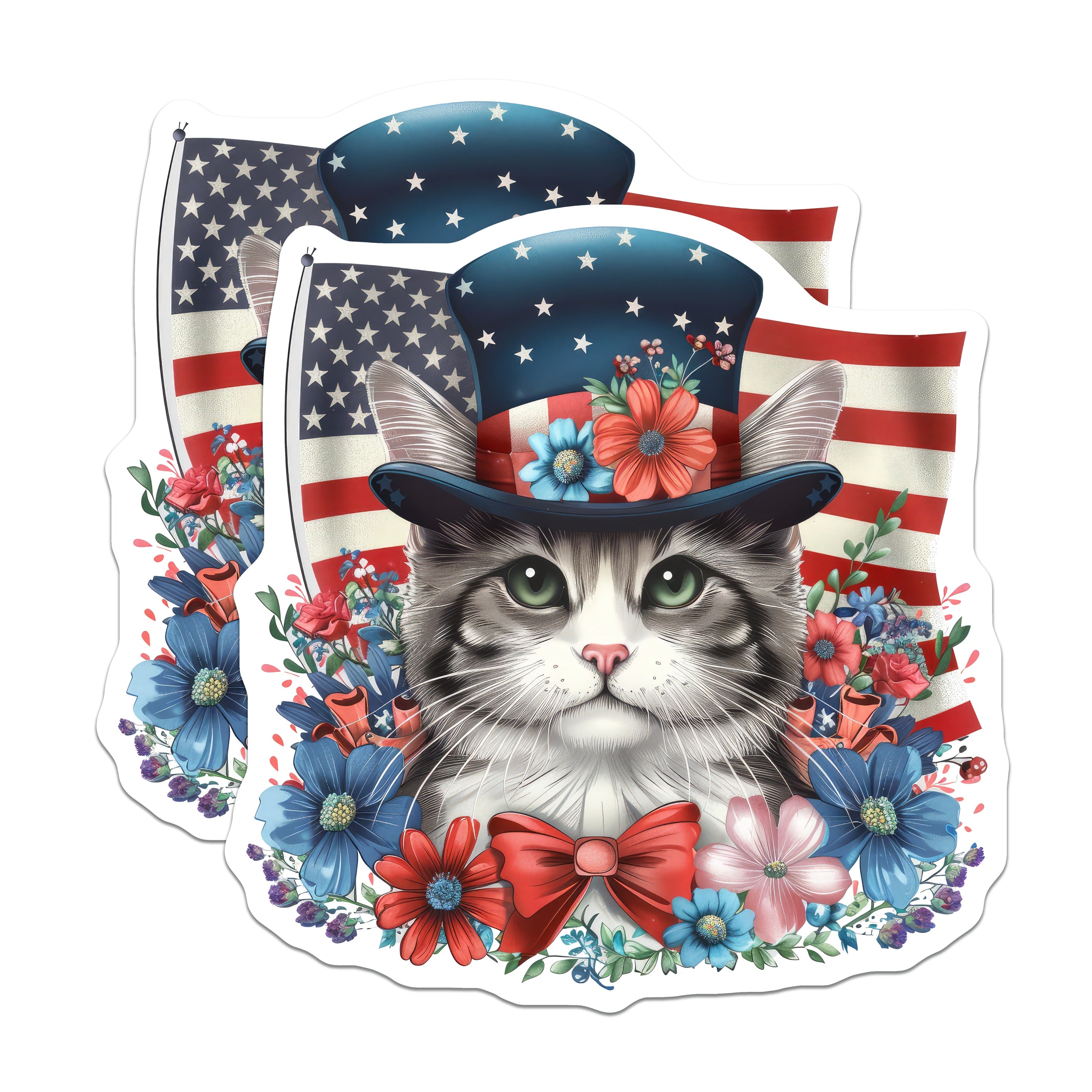 (2 Pack) Patriotic Cat Magnets - 4th of July American Flag Decor - Cute Kitty Refrigerator Decor - 5 Inches On Longest Side - Thick Durable Magnet - Made in USA - MAG39299