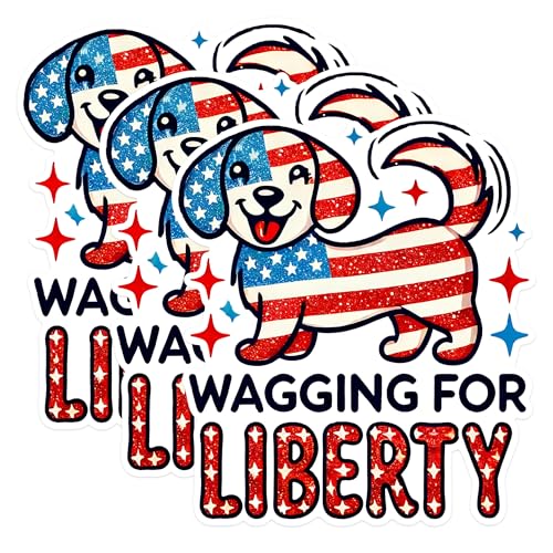 (3 Pack) Patriotic Dog Decals - American Flag Decal - Wagging for Liberty - 3 Inches On Longest Side - Easy Peel & Apply - Made in USA - 3MCS1536