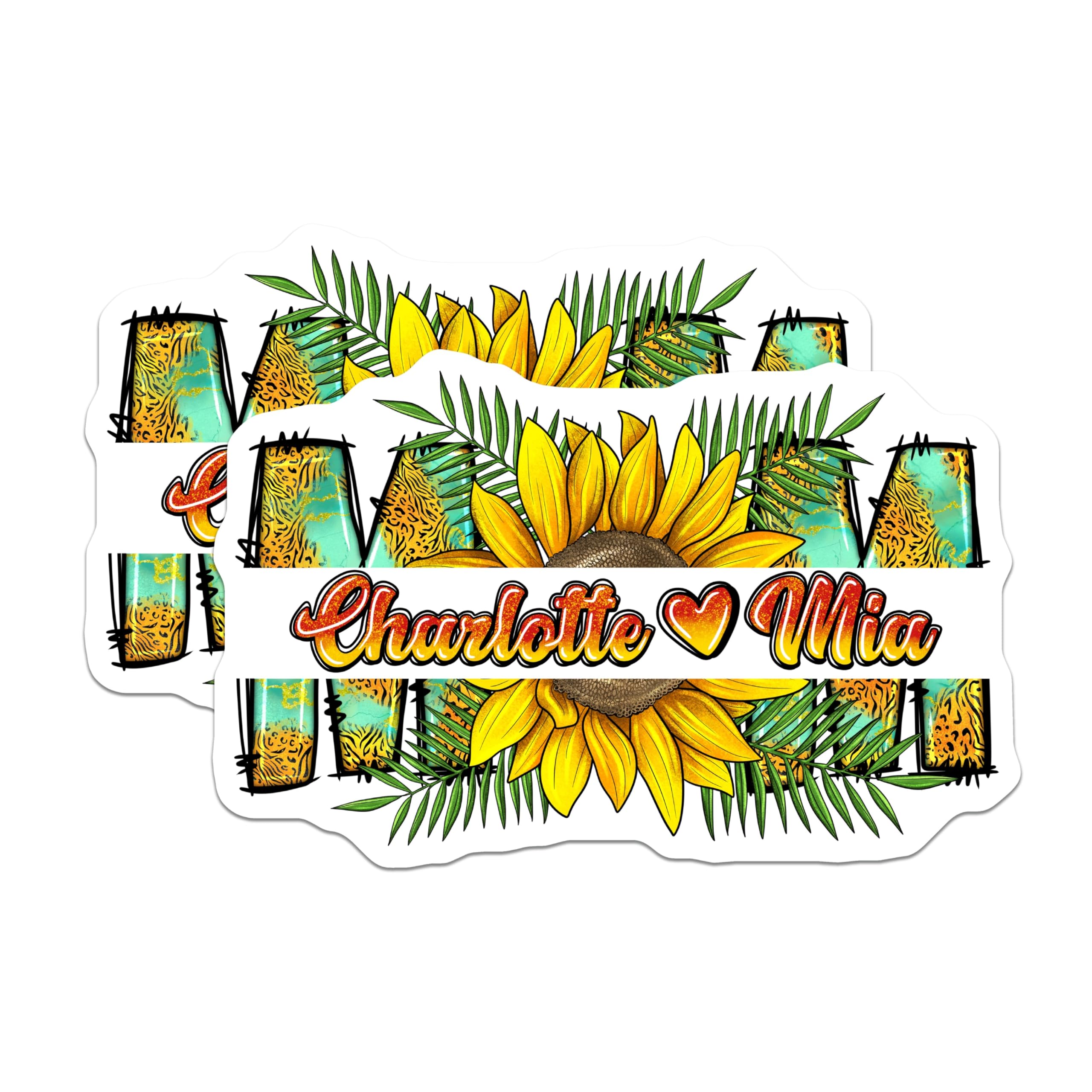 (2 Pack) Mama Magnets - Sunflower Leopard Print Palm Leaf - Custom Charlotte Mia Names - Mother's Day Fridge Magnets - 5 Inches On Longest Side - Thick Durable Magnet - Made in USA - MAG23323