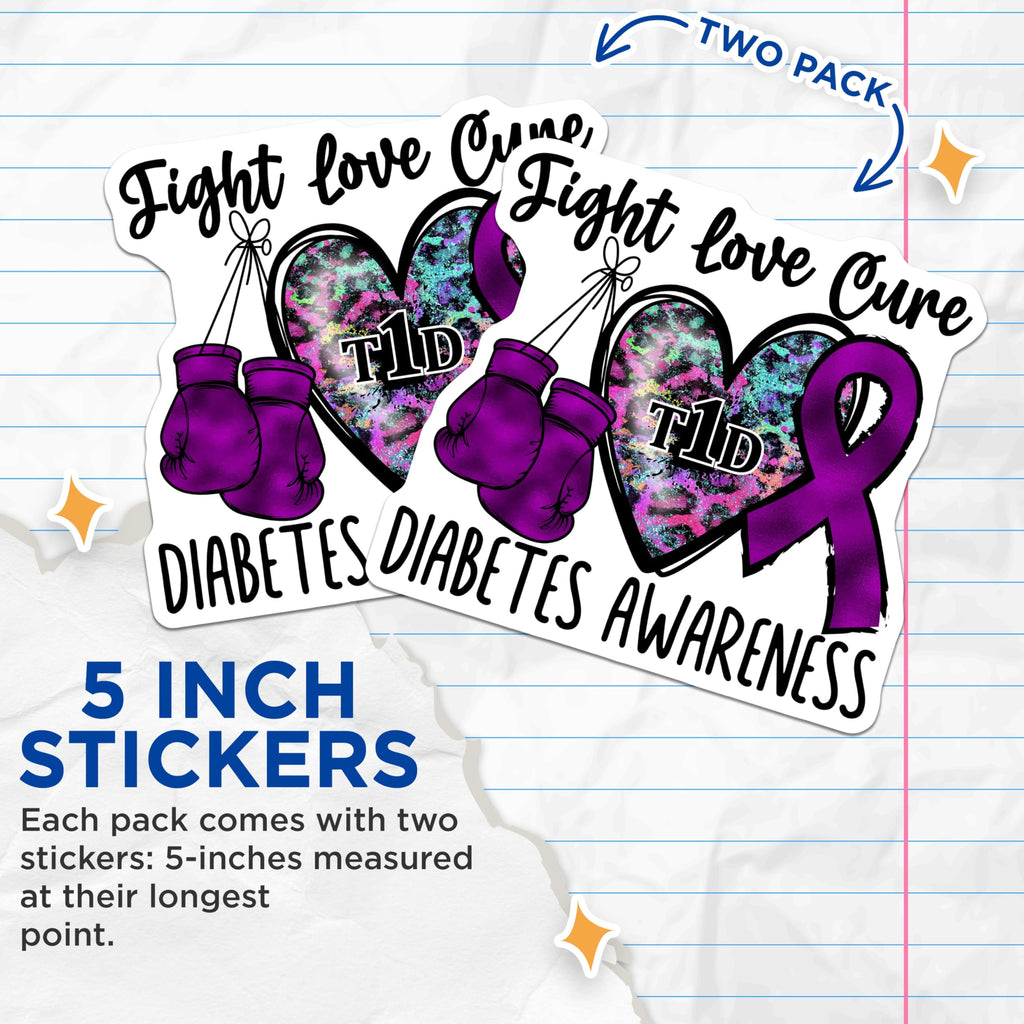 (2 Pack) Fight Love Cure Stickers - Diabetes Awareness - T1D Heart Boxing Gloves Stickers - 5" On Longest Side - Sticks to Smooth Flat Surfaces - Made in USA - BMCS4291