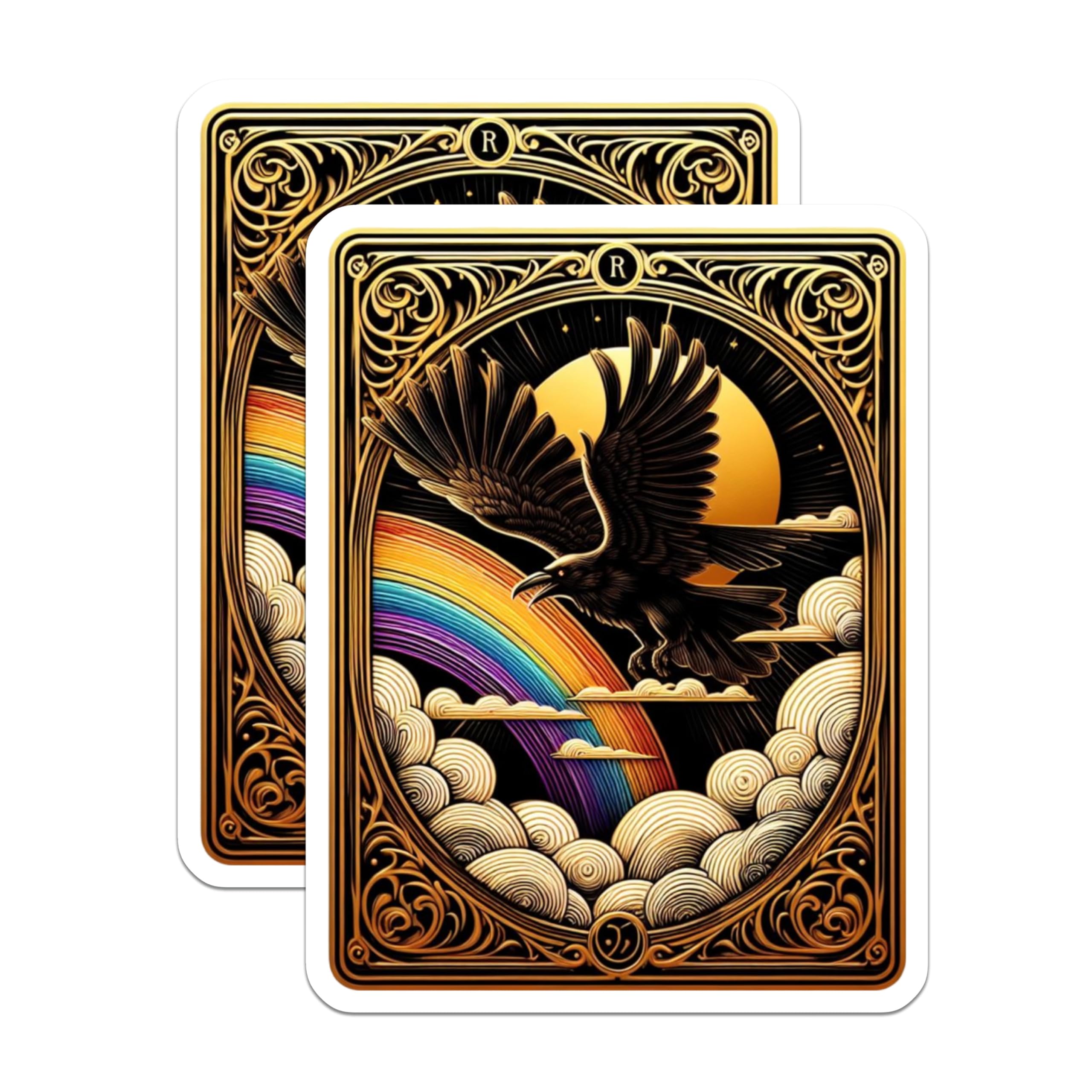 (2 Pack) Raven Rainbow Magnets - Fantasy Celestial Art - Ornate Golden Decor - 5 Inches On Longest Side - Thick Durable Magnet - Made in USA - MAG21473