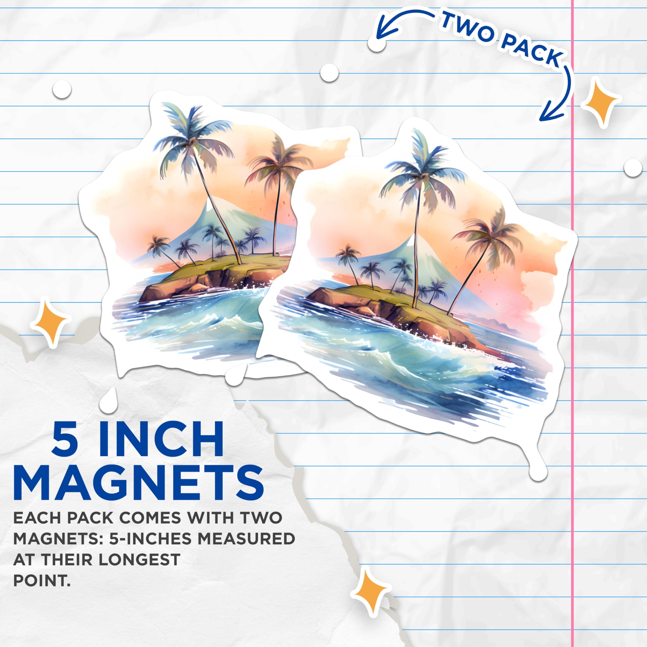 (2 Pack) Tropical Island Magnets - Palm Tree Ocean Scene - Mountain Sunset Decor - 5 Inches On Longest Side - Thick Durable Magnet - Made in USA - MAG19536
