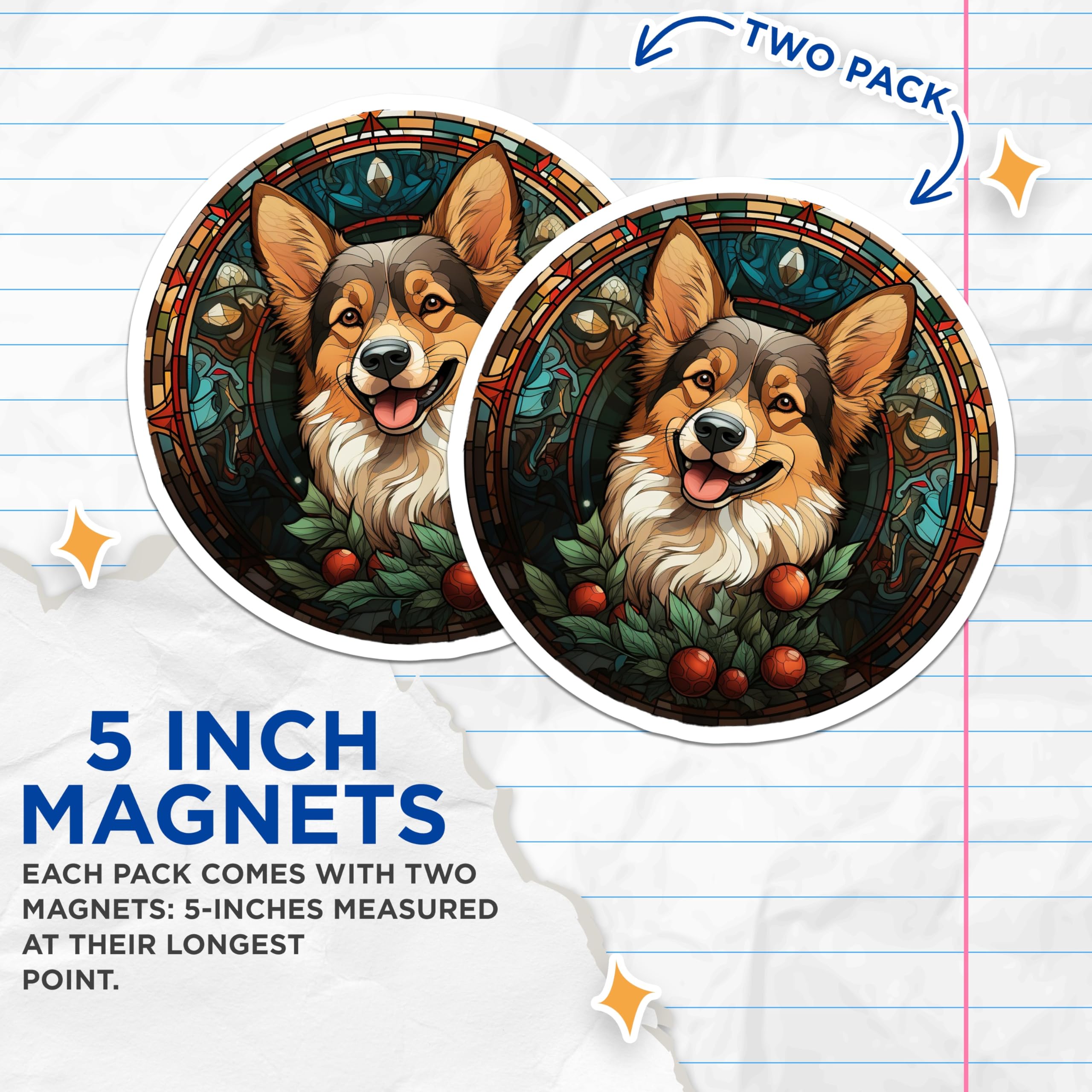 (2 Pack) Corgi Stained Glass Magnets - Christmas Dog Decor - Pet Lover Refrigerator Art - 5 Inches On Longest Side - Thick Durable Magnet - Made in USA - MAG26751
