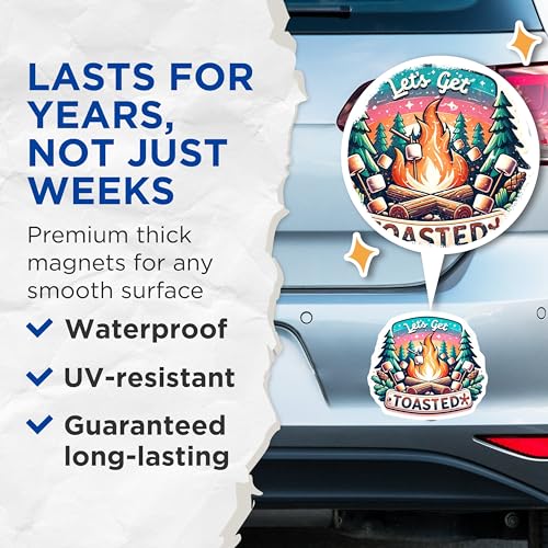 (2 Pack) Let's Get Toasted Magnets - Campfire Marshmallow Magnets - Fun Outdoor Adventure Magnets - 5" On Longest Side - for Cars, Fridges, Toolboxes - Made in USA - MAG7005