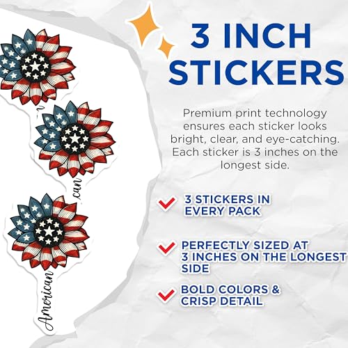 (3 Pack) American Sunflower Decals - Patriotic Floral Decal - USA Flag Decal - 3 Inches On Longest Side - Easy Peel & Apply - Made in USA - 3MCS6633
