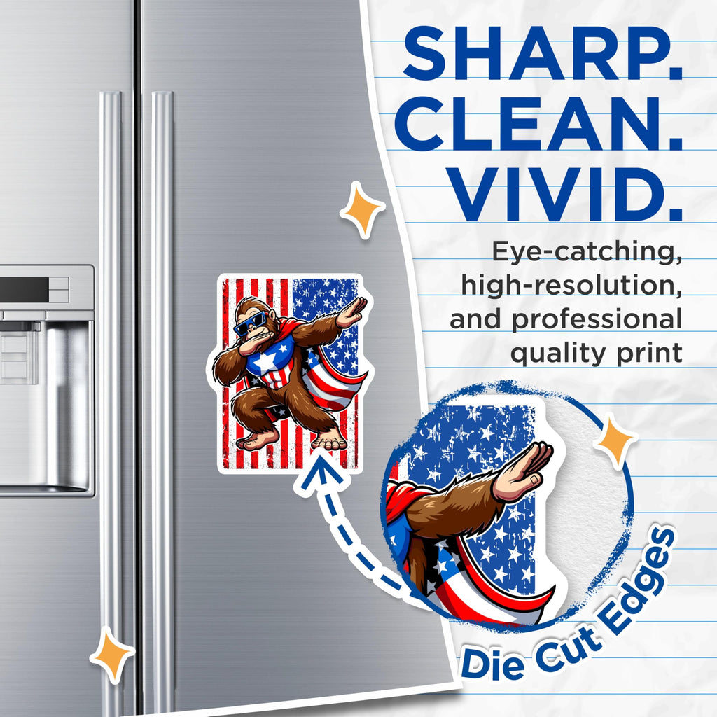 (2 Pack) Dabbing Bigfoot Magnets - Patriotic Sasquatch Character - American Flag Superhero Decor - 5 Inches On Longest Side - Thick Durable Magnet - Made in USA - MAG22895