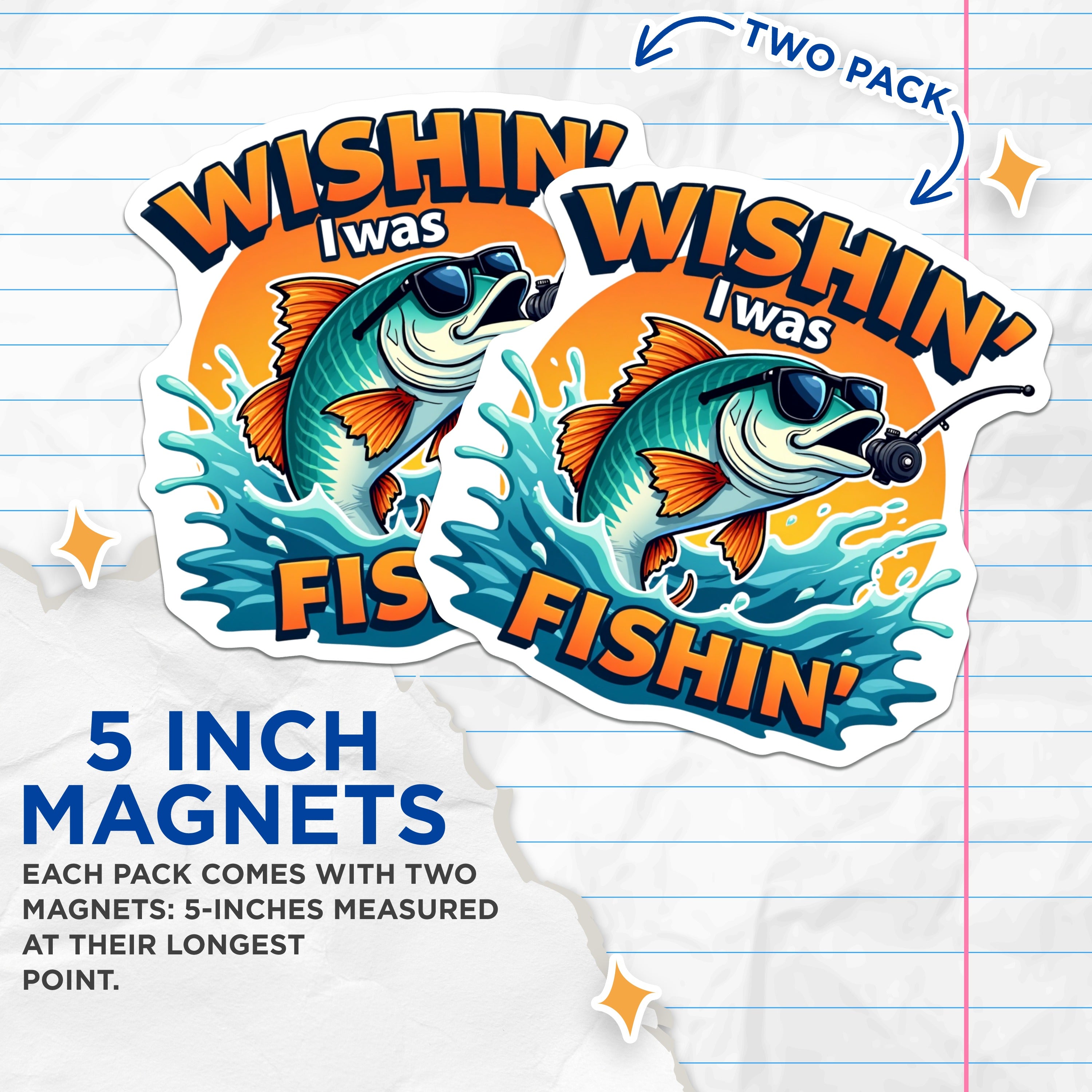 (2 Pack) Wishin I was Fishin Magnets - Funny Fishing Refrigerator Decor - Bass Angler Tackle Box Present for Him - 5 Inches On Longest Side - Thick Durable Magnet - Made in USA - MAG37791