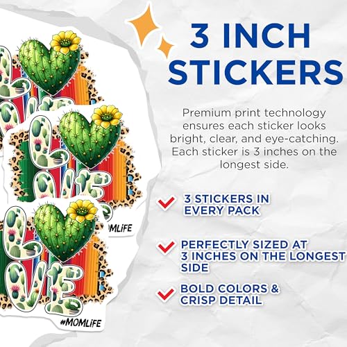 (3 Pack) Mom Life Cactus Love Decals - Leopard Serape Background - Laptop Decals - 3 Inches On Longest Side - Easy Peel & Apply - Made in USA - 3MCS6940