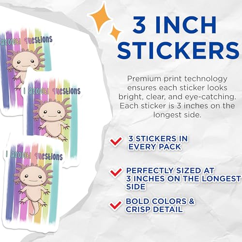 (3 Pack) Axolotl Decals - Funny Axolotl Questions - Laptop Decals - 3 Inches On Longest Side - Easy Peel & Apply - Made in USA - 3MCS6538