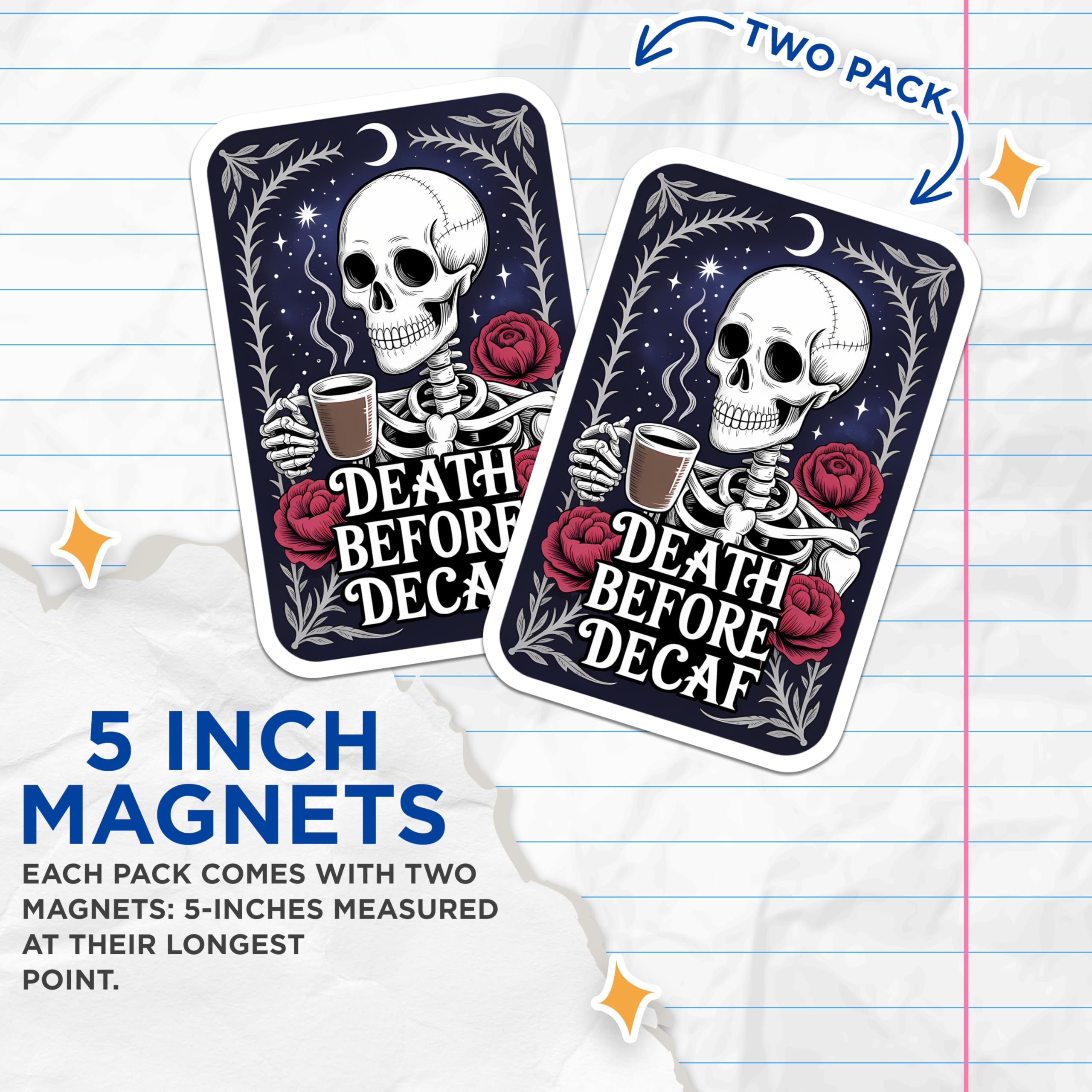 (2 Pack) Skeleton Coffee Magnets - Death Before Decaf Art - Gothic Kitchen Decor - Caffeine Lover Skull Fridge Magnet - 5 Inches On Longest Side - Thick Durable Magnet - Made in USA - MAG22126