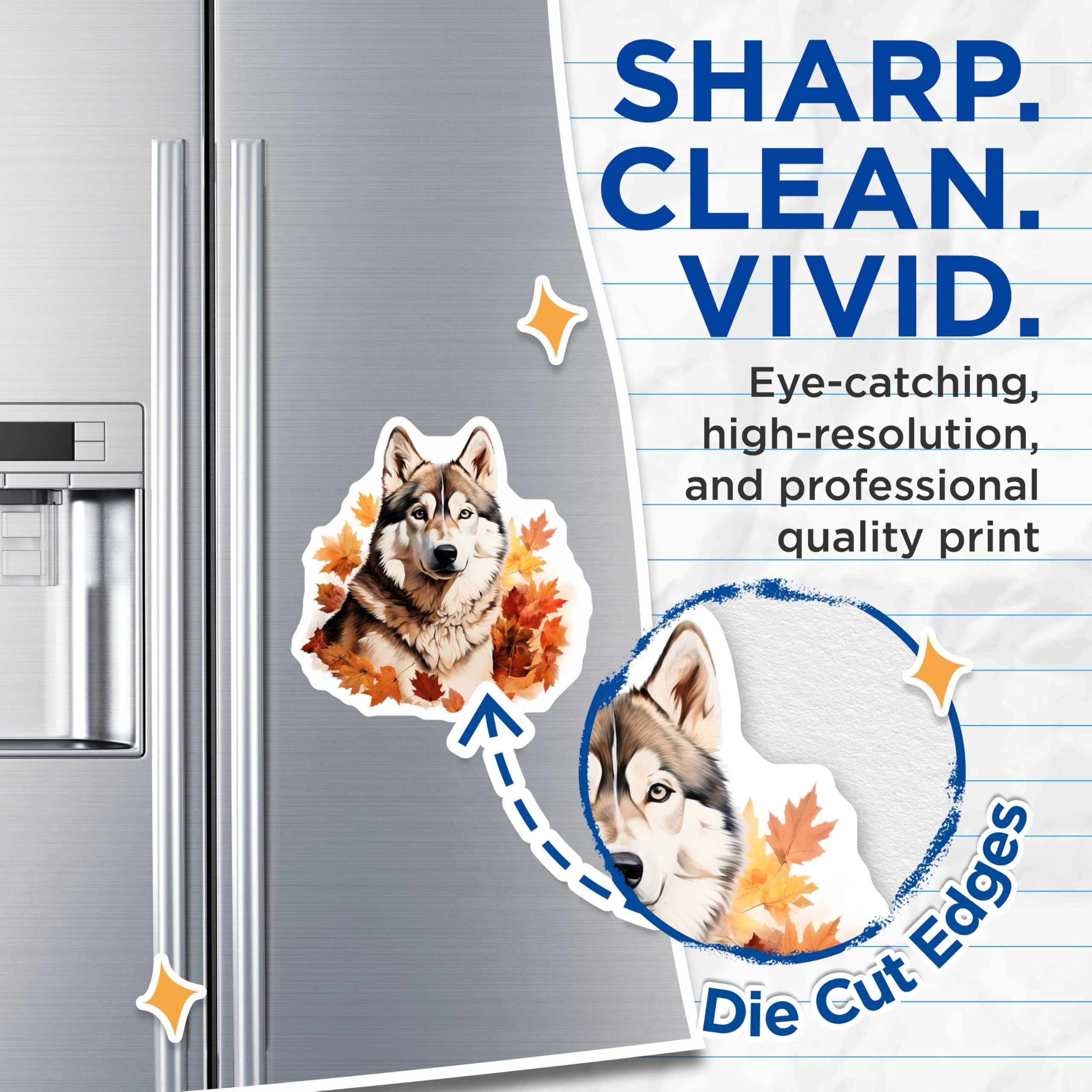 (2 Pack) Husky Dog Magnets - Autumn Fall Leaves Decor - Woodland Animal Art for Refrigerator - 5 Inches On Longest Side - Thick Durable Magnet - Made in USA - MAG26023