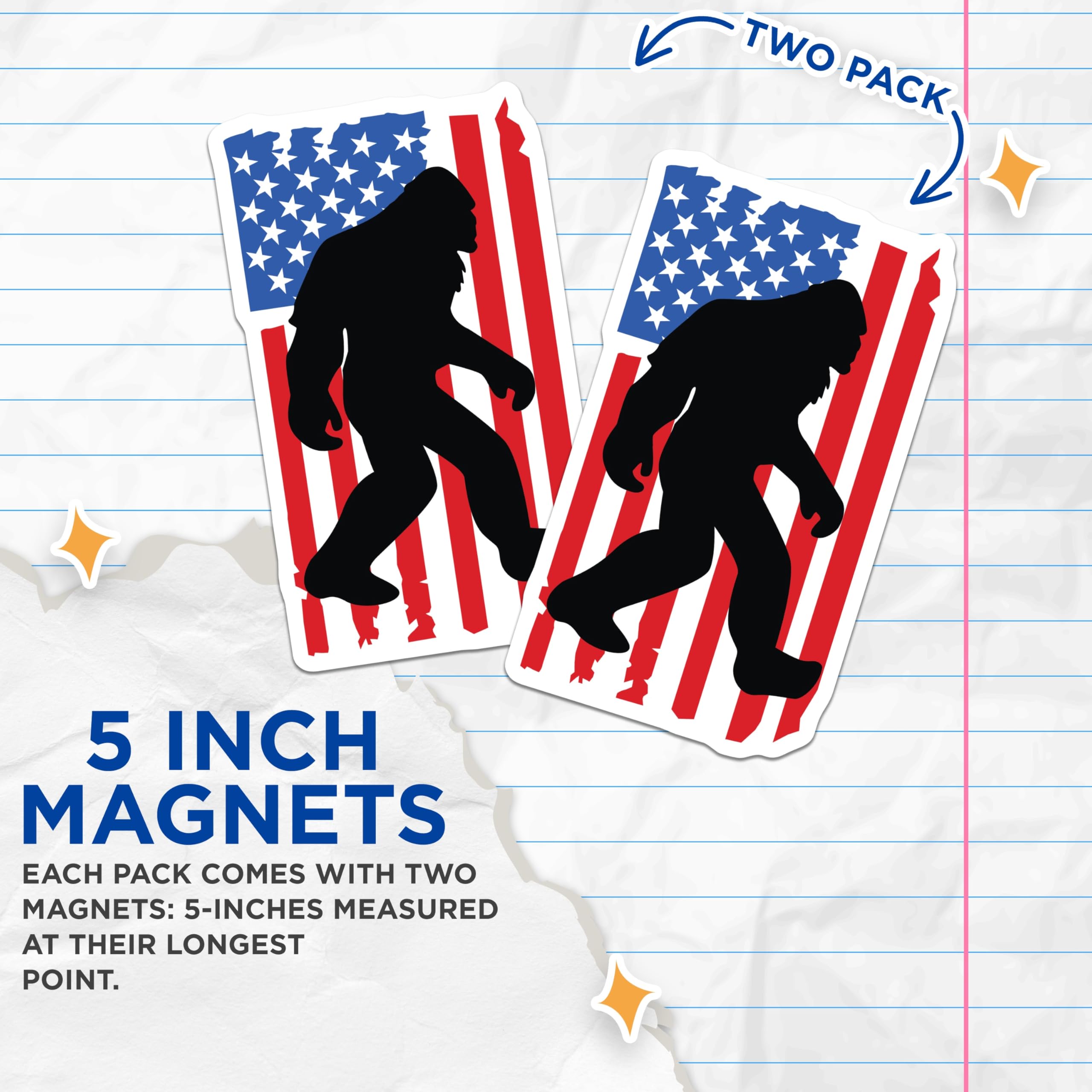 (2 Pack) Patriotic Bigfoot Sasquatch Magnets - Distressed American Flag Design - Cryptid Hunter Refrigerator Display - 5 Inches On Longest Side - Thick Durable Magnet - Made in USA - MAG21187