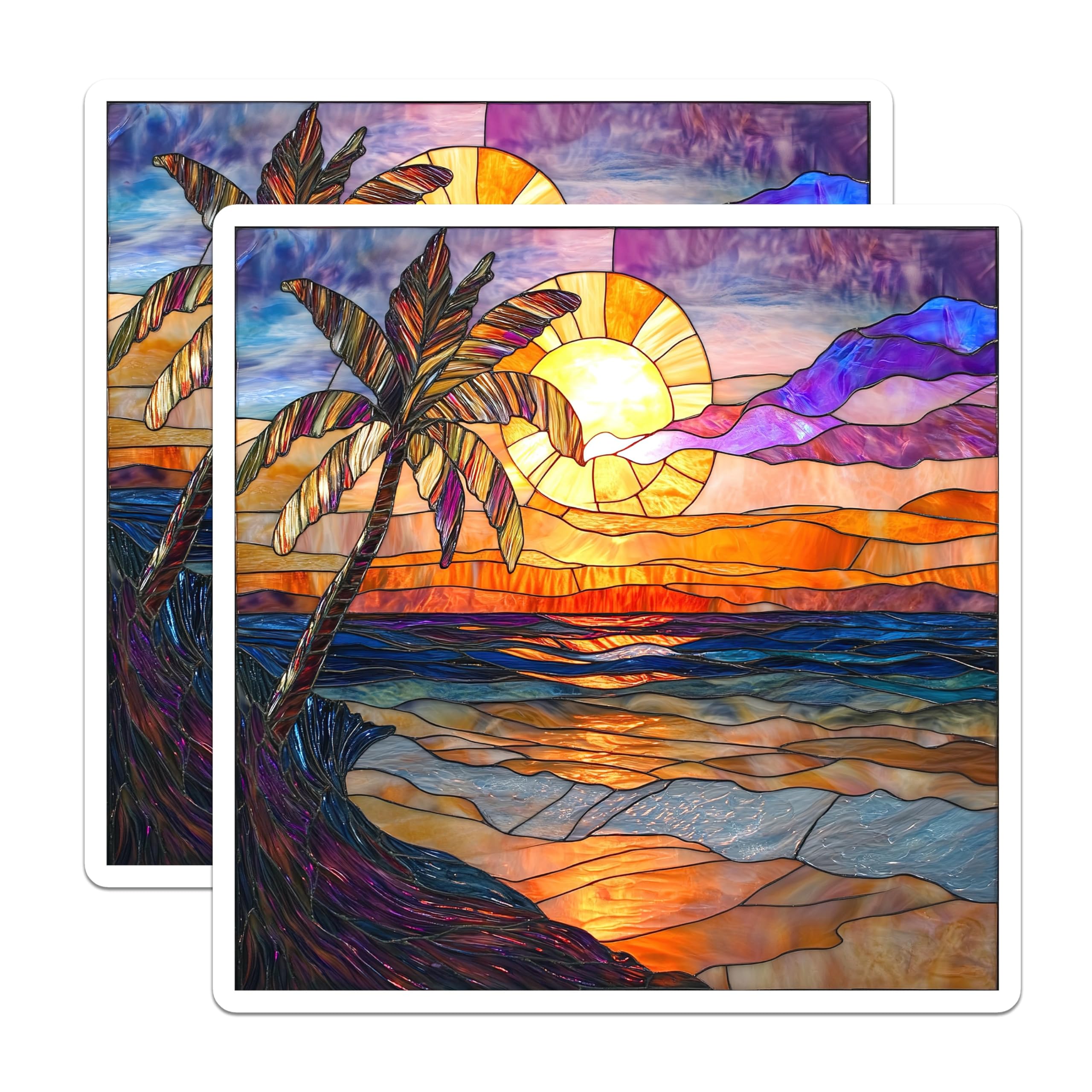 (2 Pack) Stained Glass Sunset Magnets - Tropical Beach Decor - Palm Tree Ocean Scene - 5 Inches On Longest Side - Thick Durable Magnet - Made in USA - MAG25901
