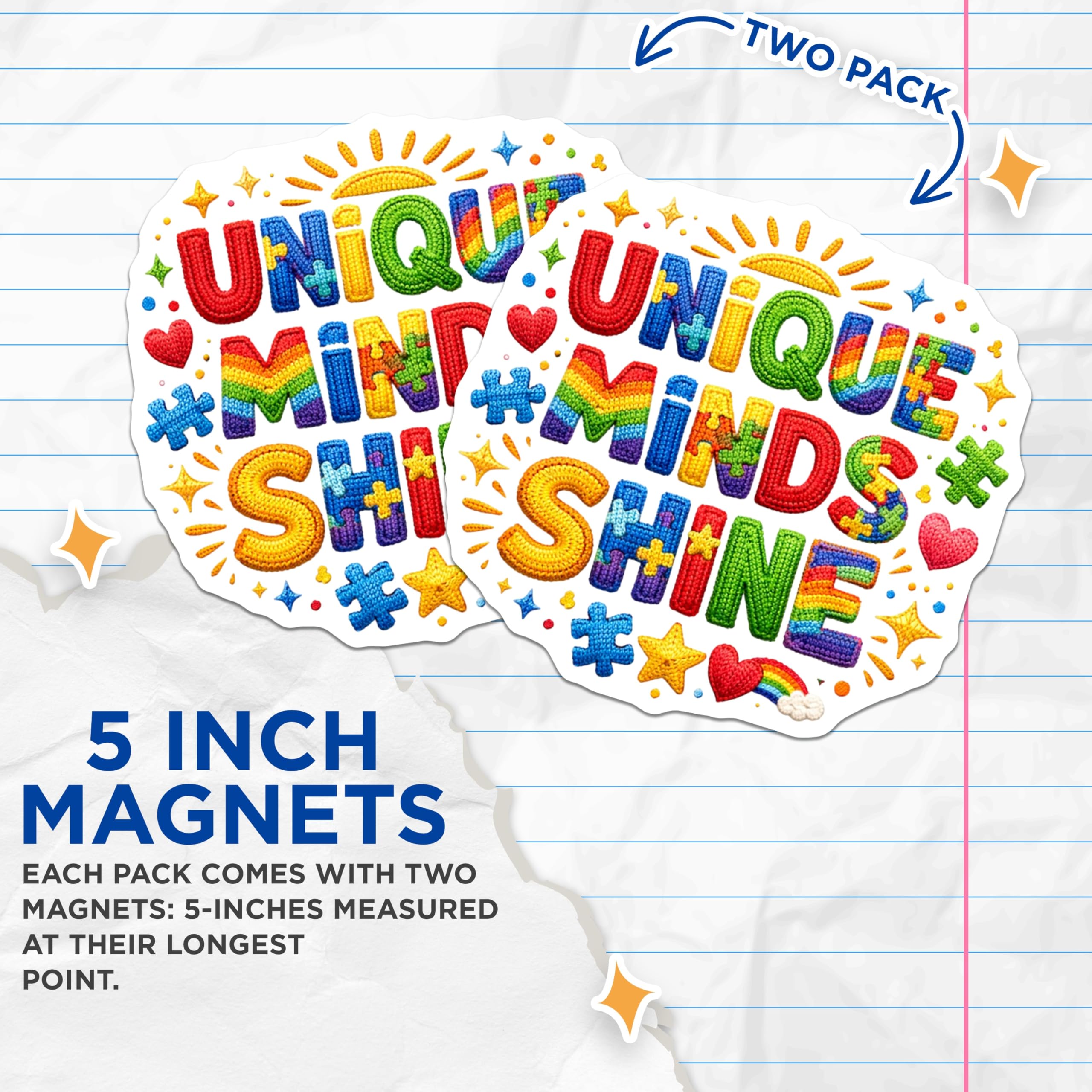 (2 Pack) Unique Minds Shine Magnets - Autism Awareness Decor - Neurodiversity Puzzle Pieces - 5 Inches On Longest Side - Thick Durable Magnet - Made in USA - MAG22509