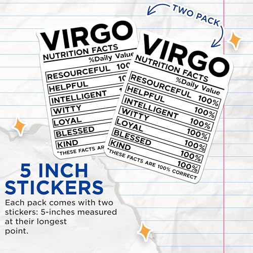 (2 Pack) Virgo Nutrition Facts Stickers - Zodiac Sign Stickers - Astrological Stickers - Horoscope Stickers - 5" On Longest Side - Sticks to Smooth Flat Surfaces - Made in USA - BMCS5552